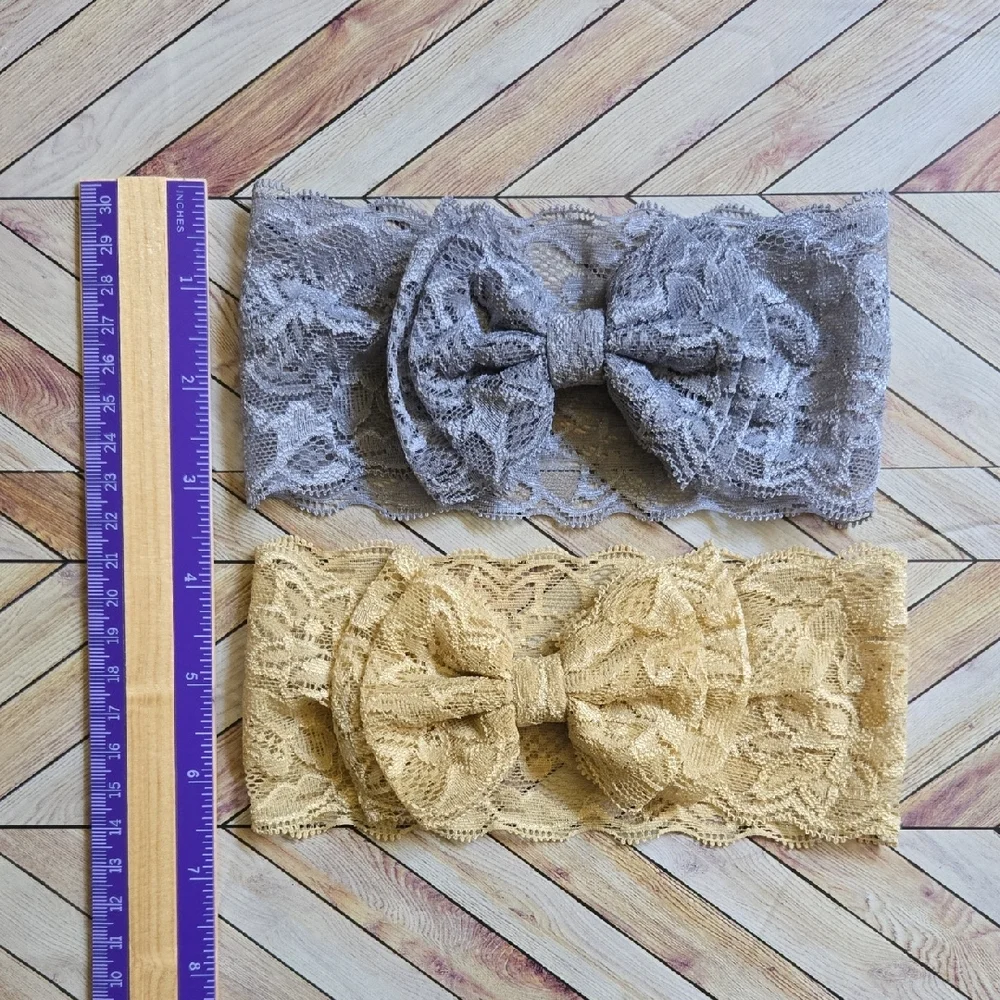 Lace Bowknot Headbands Gray & Beige Elastic Bow Headwraps Baby Girl Hairbands